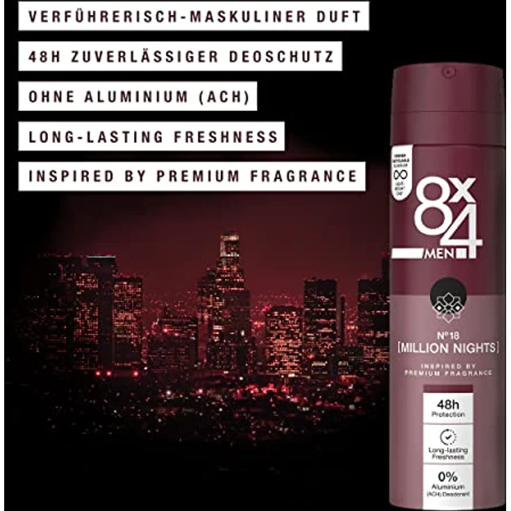 8X4 Men Deo N° 18 Million Nights (150 ml), Deospray für Männer mit orientalischen Duftnoten, 48h zuverlässiges Herren Deodorant ohne Aluminium (ACH) für jeden Hauttyp – Bild 2