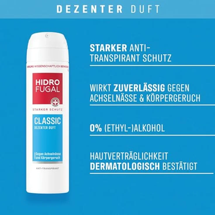 Hidrofugal CLASSIC Deo Spray, starkes Antitranspirant ohne Ethylalkohol, 150 ml, zuverlässiger Schutz gegen Achselnässe und Körpergeruch, dezenter Duft – Bild 2