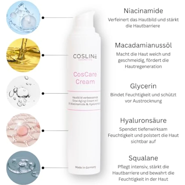 COSLINE CosCare Cream, Tagescreme für Gesichtspflege, feuchtigkeitsspendend, leicht, Anti-Aging, geeignet für sensible Haut, vegan, 50 ml, Made in Germany – Bild 4