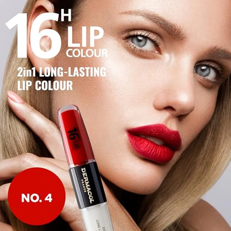 Dermacol 16H Lip Colour, langlebiger, glänzender Lippenstift in Revenge Red, 2x4 ml mit hoher Pigmentierung und feuchtigkeitsspendender Formel – Bild 4