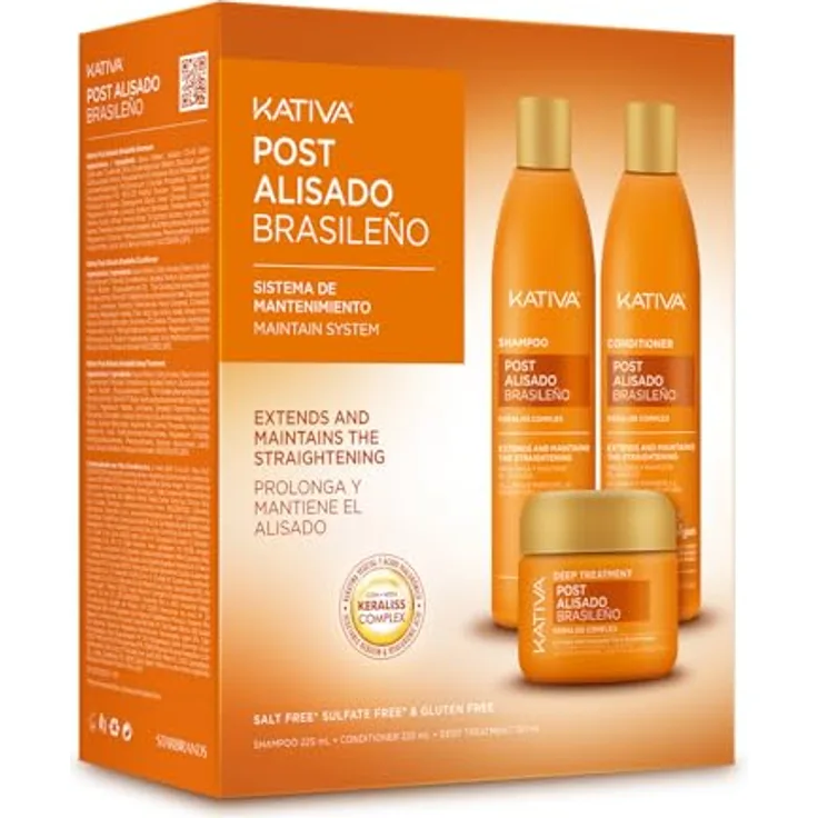 Kativa Post Brazilian Straightening Kit, Haarglättungsset mit Keratin, 2 x 225 ml + 150 ml
