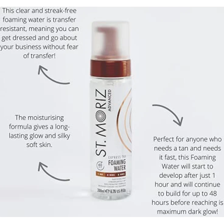 St Moriz Advanced Express Tan Clear Foaming Water | Express Clear Fake Tan Mousse | 1 Stunde für leichtes Leuchten, 3 Stunden für mittleres Leuchten, 6 Stunden für tiefes Leuchten | 200 ml – Bild 2