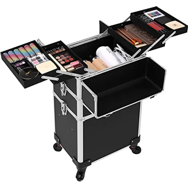 SONGMICS Kosmetikkoffer, Trolley, 3-in-1 Schminkkoffer, groß, abschließbar, 360° drehbare Rollen, für Reisen, schwarz JHZ01B – Bild 2