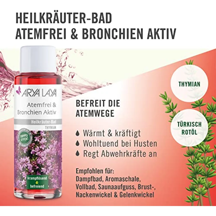 ARYA LAYA Heilkräuter-Bad Atemfrei & Bronchien Aktiv, 200 ml - Wellness-Badezusatz mit Thymian-Extrakt, krampflösend bei Husten, vegan – Bild 2
