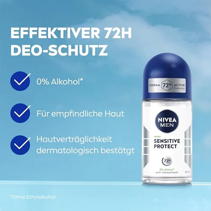 NIVEA MEN Sensitive Protect Deo Roll-On, Antitranspirant mit 72h Schutz, alkoholfrei für empfindliche Haut, 50 ml – Bild 2
