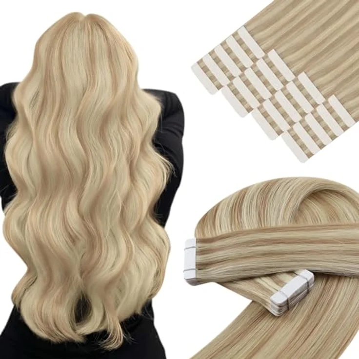 YoungSee Tape Extensions Echthaar 45cm 50g, Aschblond Strähnchen, langlebiger Halt mit Walker Tape, inklusive Ersatzklebebänder – Bild 1