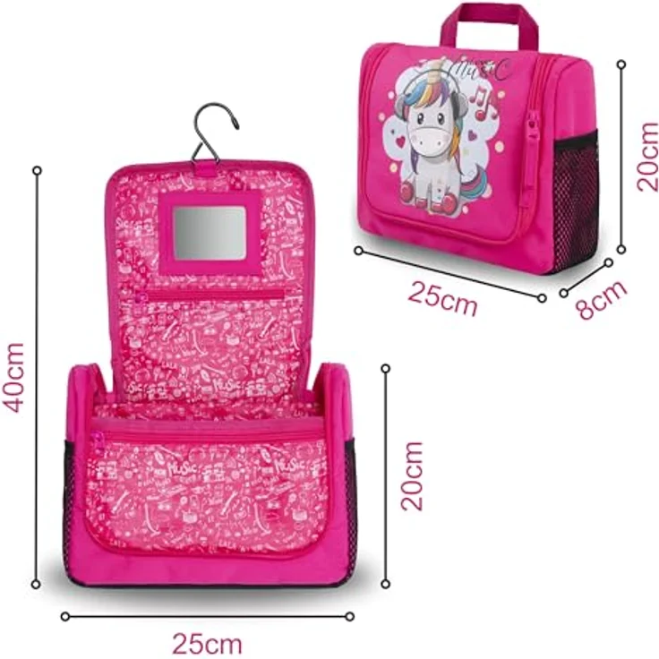 GRINSEZWERGE Kulturtasche für Kinder und Erwachsene, Reise Kulturbeutel mit 12 Motiven, große Kosmetiktasche zum Aufhängen, Waschbeutel mit 3 Reißverschlusstaschen und 4 Netztaschen, 25 x 20 x 8 cm – Bild 2