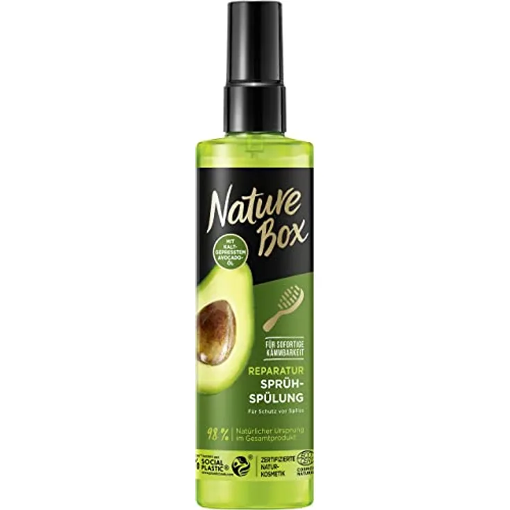 Nature Box Sprüh-Spülung Reparatur (200 ml), Hair Repair Spülung zum Sprühen mit Avocado-Öl repariert das Haar schnell und einfach, Flasche aus 100 % Social Plastic