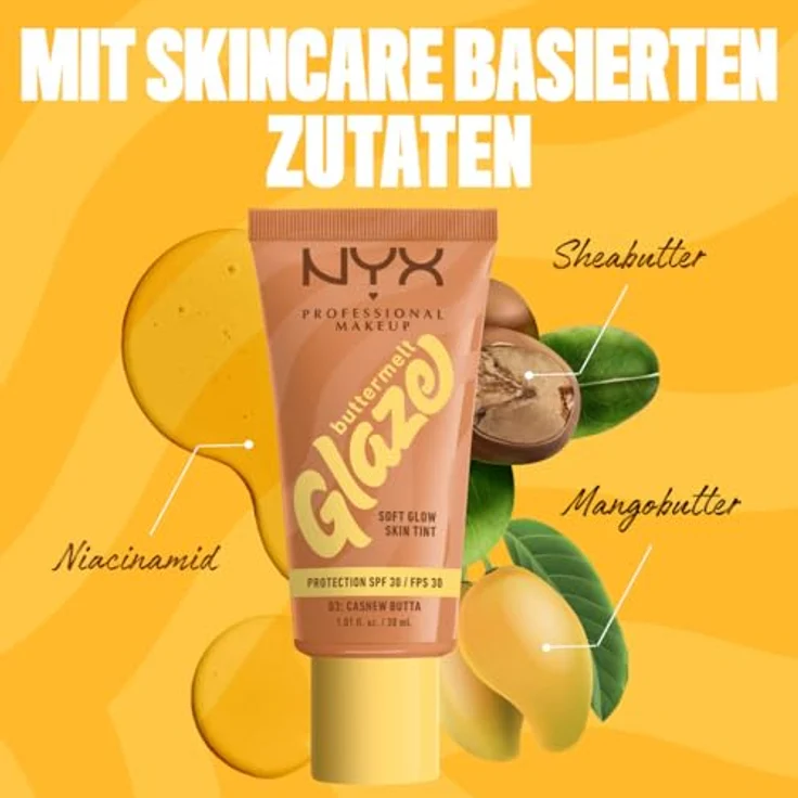 NYX PROFESSIONAL MAKEUP Buttermelt Glaze Foundation, LSF 30, Sheabutter, Mangobutter, Niacinamide, 30 ml, Farbton: 03 Cashew Butta – Bild 5