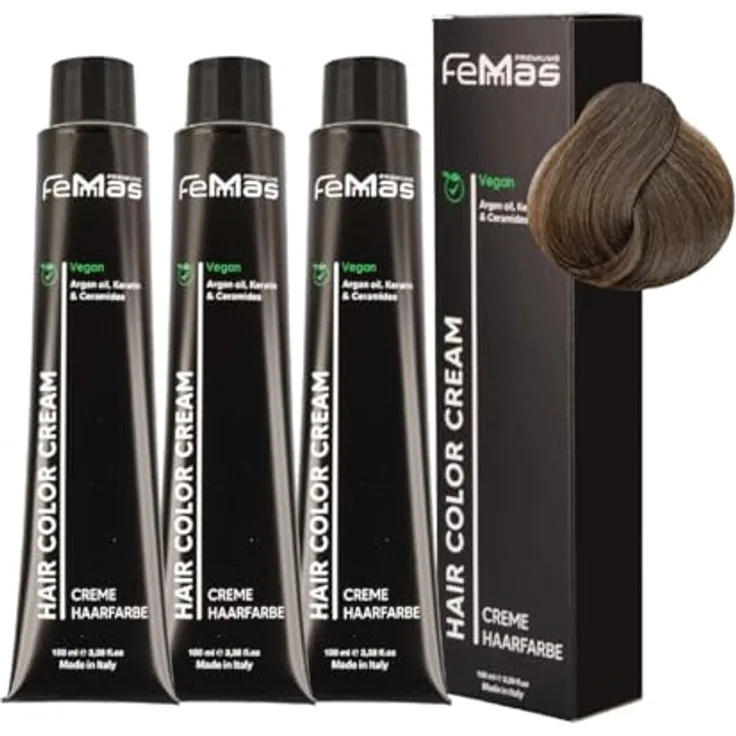 FemMas Haarfarbe 3x Mittelblond Asch 7.1, Creme Haarfarbe mit Arganöl, Keratin & Ceramiden, dauerhafte Haarfärbung für strahlende Farbergebnisse, 100 ml