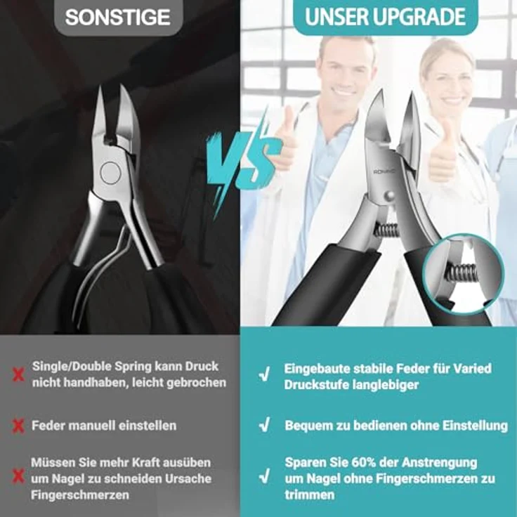 RONAVO Profi Fußnagel Nagelknipser Set, superscharfe Edelstahl Nagelzange für dicke und eingewachsene Fußnägel, ergonomischer Griff, inklusive Zubehör und Metall Geschenkbox – Bild 2