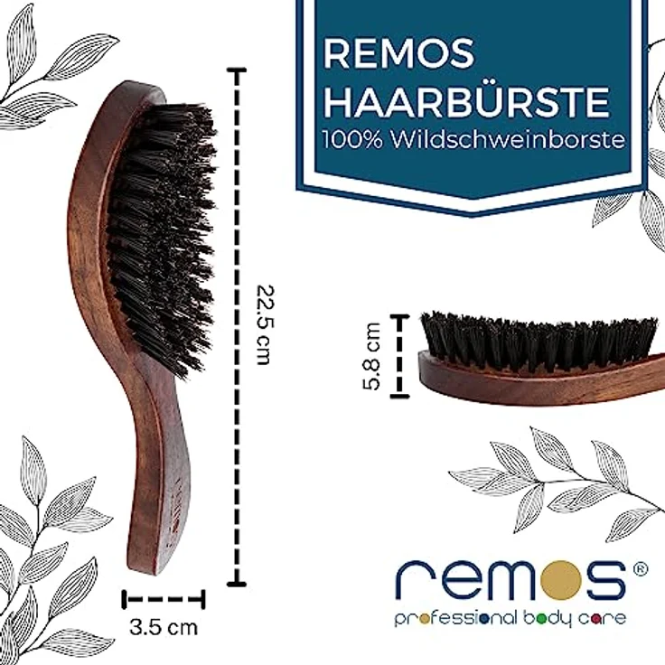 remos professional body care REMOS Haarbürste, 100% Wildschweinborste aus Nussbaumholz mit breitem Griff, für alle Haartypen geeignet – Bild 5