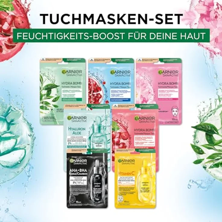 Garnier Tuchmasken Set, 7 Gesichtsmasken für jeden Hauttyp, vegane Formel mit Hyaluronsäure, inklusive Hydra Bomb und Nutri Bomb Masken, 7 x 28 g – Bild 5