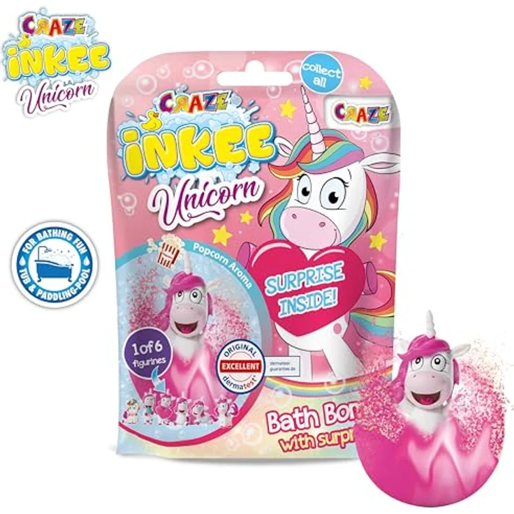 INKEE Unicorn Badebomben Kinder 8er Set mit Überraschung, 8x 100g in lila und rosa, Popcorn-Duft, 6 Einhornfiguren zum Sammeln – Bild 2