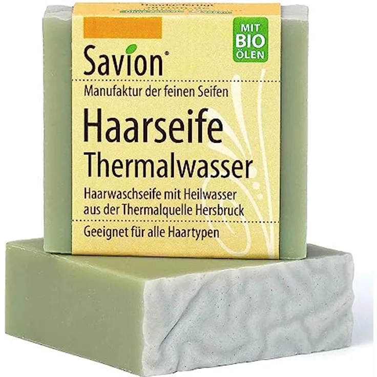 Savion Haarseife mit Thermalwasser | Naturkosmetik für alle Haartypen | Vegan | Palmölfrei | Bio-Haarseife mit Heilwasser | Für glänzendes und kräftiges Haar 85g