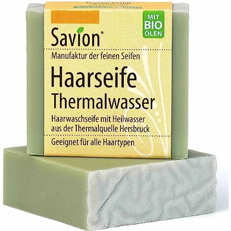 Savion Haarseife mit Thermalwasser | Naturkosmetik für alle Haartypen | Vegan | Palmölfrei | Bio-Haarseife mit Heilwasser | Für glänzendes und kräftiges Haar 85g – Bild 1