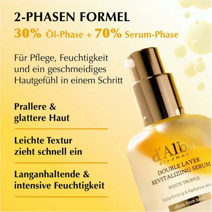 d'Alba White Truffle Double Layer Revitalizing Serum, 30ml, vegan, 2-Phasen-Formel für intensive Feuchtigkeit und strahlenden Teint, mit Antioxidantien und Hyaluronsäure
