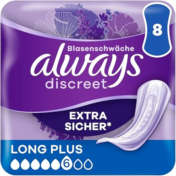 Always Discreet Inkontinenzeinlagen Long Plus, 8 Stück, extra saugfähig mit RapidDry-Kern und Geruchskontrolle