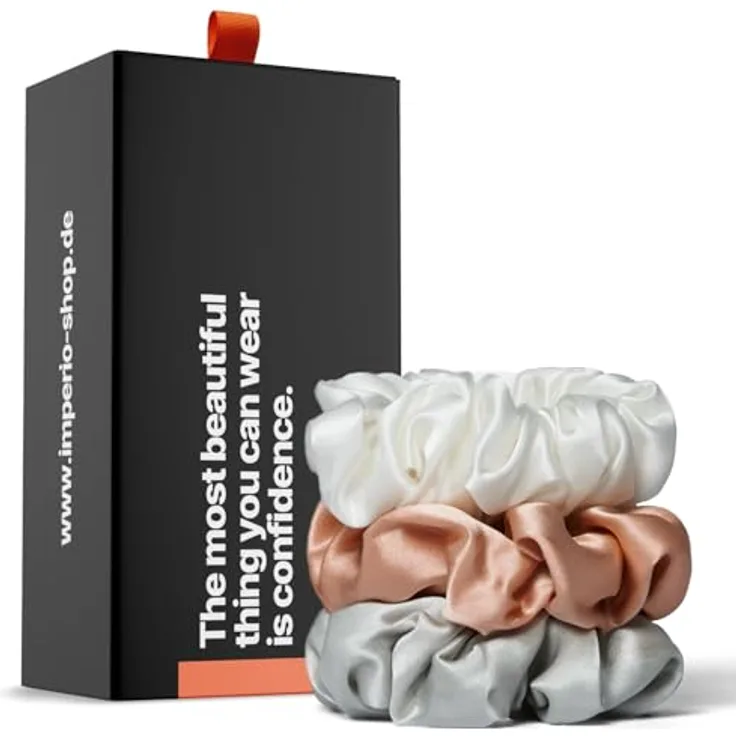 IMPERIO Seiden Scrunchies, 3er Set in Geschenkbox, 100% Maulbeerseide 22 Momme, haarschonend, Unique Farbset (weiß, dunkelrosa, hellgrau/silber)