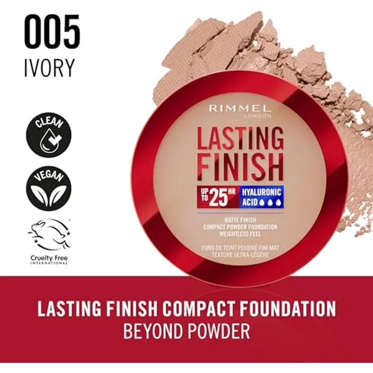 Rimmel London Lasting Finish 005 Ivory Compact Foundation, Soft-Focus Finish, mattes Finish, volle Abdeckung, SPF20, vegane Formel, 7 g – Bild 2