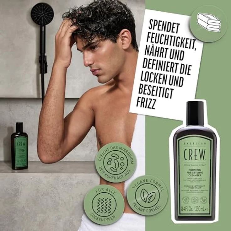 AMERICAN CREW Forming Pre-Styling Shampoo, 250 ml, lockenverstärkendes Haarshampoo für Männer, veganes Anti Frizz Shampoo für lockiges Haar, Pre-Haarstyling für definierte Locken, natürlicher Glanz – Bild 4