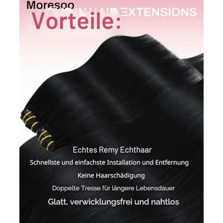 Moresoo Clip in Extensions Echthaar, 60 cm, 7 Stück, 120g, seidiges Remy-Haar, atmungsaktiv, für Volumen und Länge – Bild 2