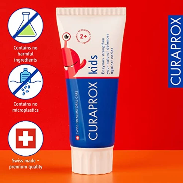 Curaprox Kids Erdbeere, Zahnpasta für Kinder von 2-6 Jahren mit Erdbeergeschmack und 950 ppm Fluorid, RDA 40, Rot, 60 ml – Bild 3