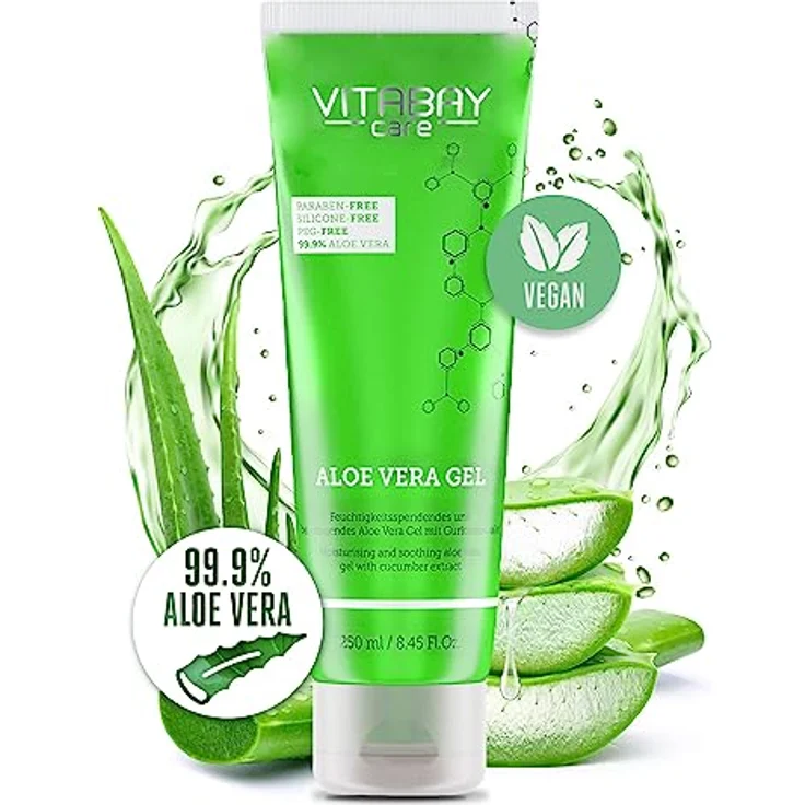 Vitabay Aloe Vera Gel 100 Prozent (99.9%) 250ml - Aloe Vera After Sun Lotion Sonnenbrand - Aloe Vera Herren Naturkosmetik - Aloe Vera Saft Salbe Feuchtigkeitscreme – Bild 1