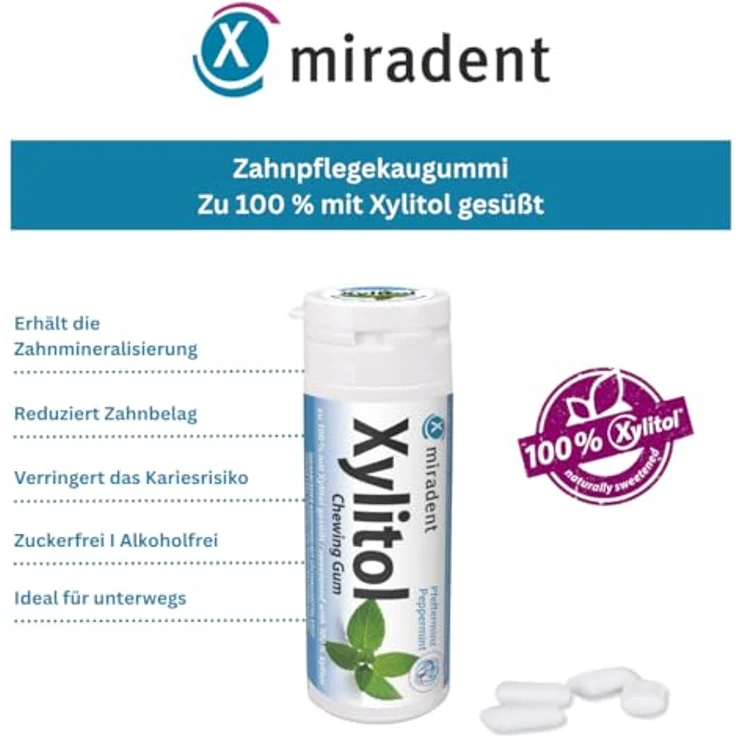 Miradent Xylitol Zahnpflege-Kaugummi Pfefferminz 30 Stück, Verminderung von Plaque-Ablagerungen am Zahn – Bild 3