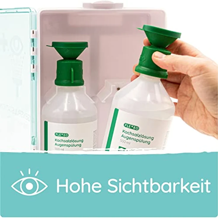 FLEXEO Augenspülstation inkl. 2 × 500 ml Flaschen Kochsalzlösung und Wandhalterung - Augenspülung - Augendusche - Eyewash station - sterile NaCl 0,9 Augenspüllösung - Eye wash - Hohe Sichtbarkeit und effektive Reinigung – Bild 2