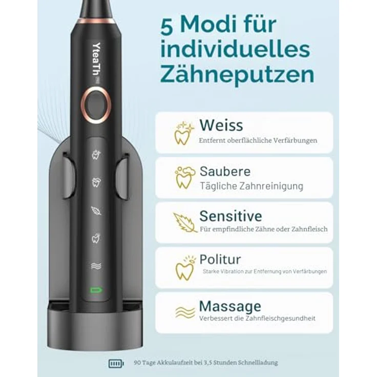 YTEATH PRO Elektrische Schallzahnbürste, 50.000 Vibrationen/min, 8 Köpfe, 5 Modi, IPX7 wasserdicht, Reiseetui, Tiefschwarz – Bild 3