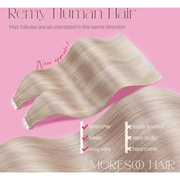 Moresoo Tape Extensions Echthaar #P18/613, 55 cm, Unsichtbare Tape in Extensions, Blond Aschblond mit Platinblond, 20 Stück, 50 Gramm – Bild 2