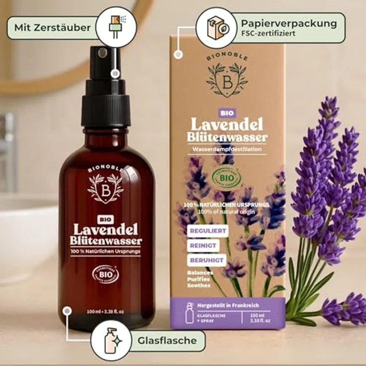 BIONOBLE Lavendelspray Bio für Kopfkissen, Haut, Gesicht und Körper, 100ml - Alkohol- und synthetikfrei, beruhigend und multifunktional, hergestellt in Frankreich – Bild 5