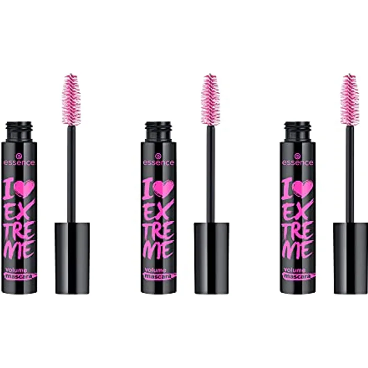 essence I LOVE EXTREME volume mascara, Nr. 01, Schwarz, volumengebend, schwunggebend, verlängernd, vegan, ohne Mikroplastikpartikel, Nanopartikel frei, ohne Parfüm, 3er Pack (3x12ml)