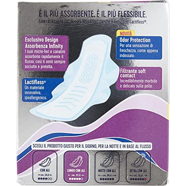 Lines Lang Damenbinden mit saugfähigen Flügeln aus Lactiflex, 9 Stück + 2 gratis, hypoallergen, maximale Saugfähigkeit und Komfort – Bild 3