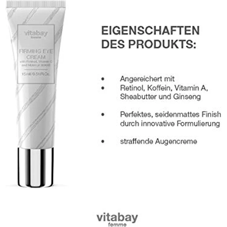 Vitabay Firming Eye Cream 15 ml • gegen Falten, Schwellungen, und Augenringe • Anti-Aging Augencreme mit Matrixyl 3000, Koffein, Retinol und Vitamin C – Bild 2