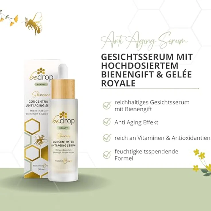 bedrop Concentrated Anti Aging Serum mit straffendem Bienengift, Gelée Royal, Hyaluron & Acetylglucosamin hochdosiert - Reine Imker Qualität - Augenpflege, natürliche Hautpflege aus dem Bienenstock - 30ml – Bild 2