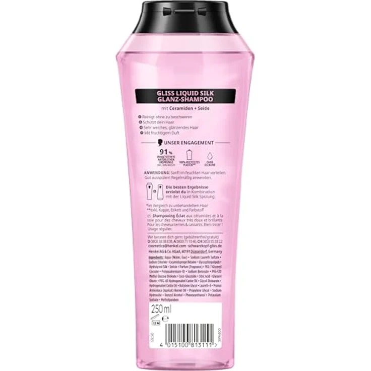 Gliss Shampoo Liquid Silk (250 ml), Haarshampoo mit Ceramiden & Seide, Glanz-Shampoo für sprödes und stumpfes Haar, glättet die Haaroberfläche – Bild 3