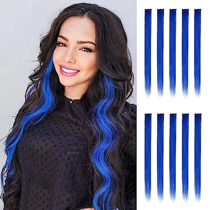 FESHFEN Farbige Haarverlängerung, 10 PCS Königsblau Clip-In Haarteil, Synthetik, 55cm, hitzebeständig und ohne chemische Farbstoffe