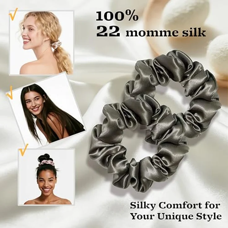 townssilk Seiden Scrunchie 2er-Set, 100% Maulbeerseide 6A/22 Momme, OEKO-TEX® zertifiziert, haarschonend & voluminös, elastisch ohne Abdrücke, IronGray – Bild 2