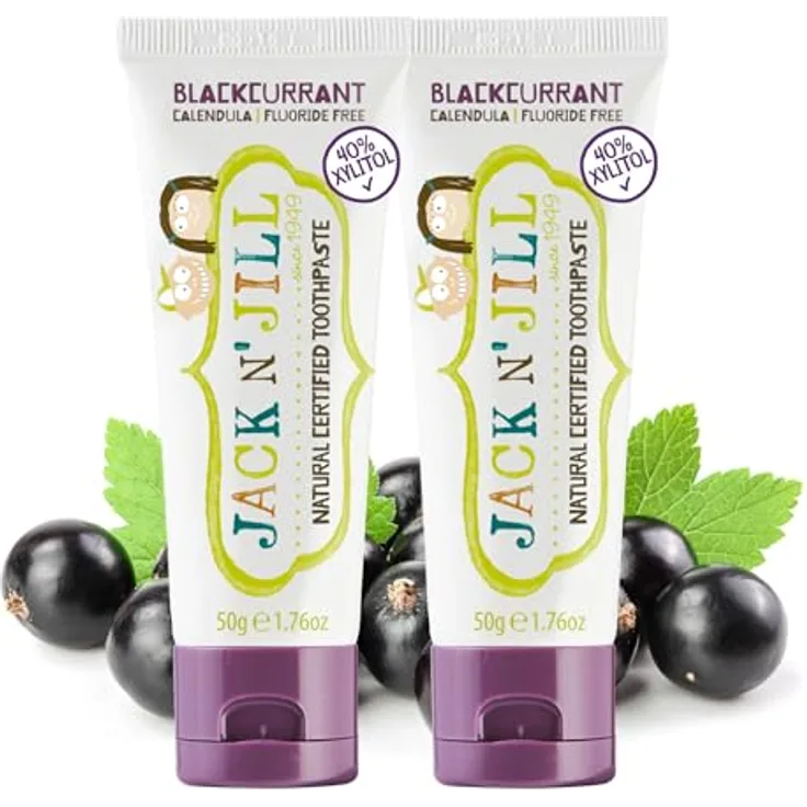 Jack N' Jill Kids Natural Toothpaste, Made With Natural Ingredients, Helps Soothe Gums & Fight Tooth Decay, Suitable From 6 Months+ - Blackcurrant Flavour 2 x 50g