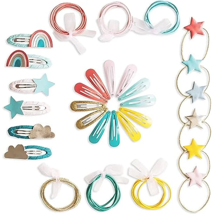 Papierdrachen 48-teiliges Set Haarspangen und Haargummis, langlebig und robust, mit Glitzer und Stoffbezug, *Regenbogen pink*, für lange und feine Haare – Bild 1