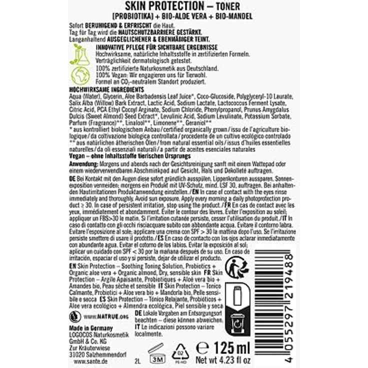 SANTE Naturkosmetik Skin Protection Toner mit Probiotika, Bio-Aloe Vera & Bio-Mandel, nährendes Gesichtswasser, 125ml, vegane Gesichtspflege für erfrischte und strahlende Haut – Bild 2