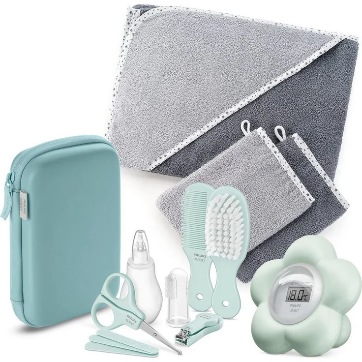 Philips AVENT Baby-Nagelschere Premium Pflege Set, Badethermometer, Gesundheitsset, Kapuzenbadetuch, 2 Waschhandschuhe