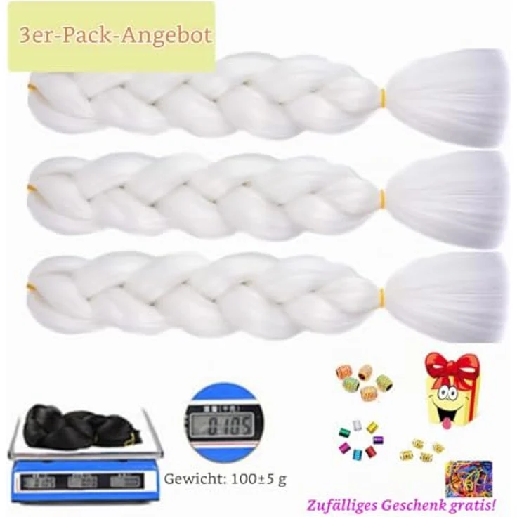 Shangxiu Braids Extensions, Kunsthaar zum Einflechten, 24 Zoll (60 cm), Yaki Gerade Textur, Weiß, 3 Stück – Bild 4