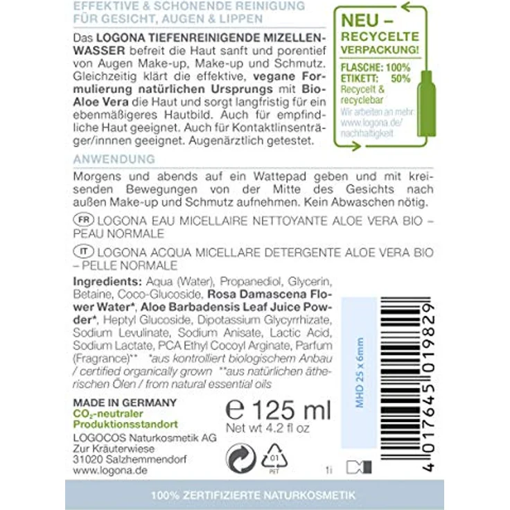 Logona Gesichtspflege Reinigung Bio-Damaszener Rose & Bio-Grüntee Tiefreinigendes Mizellenwasser 125 ml – Bild 3