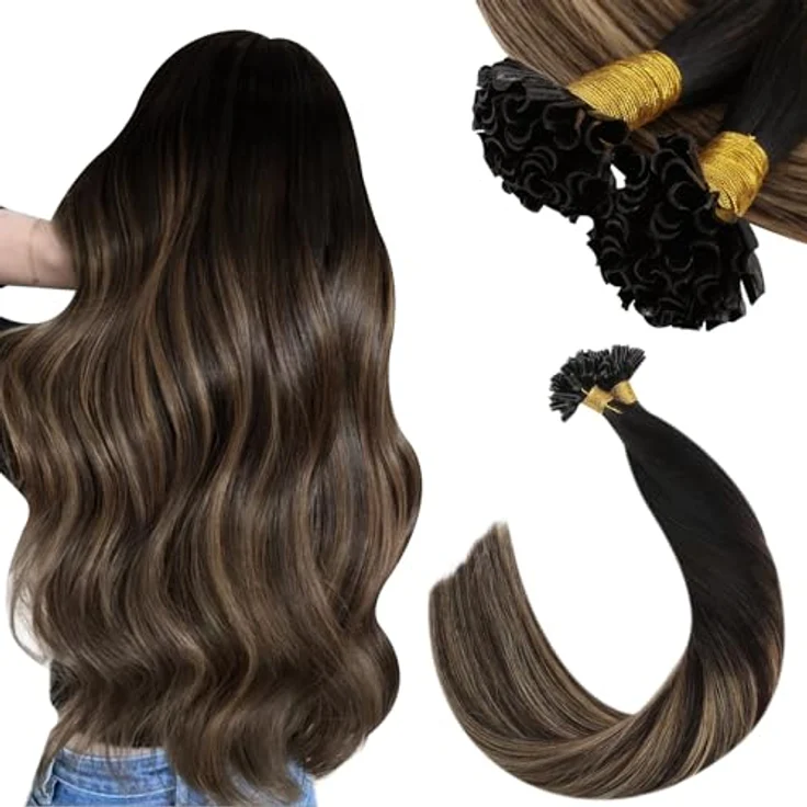 Ugeat Echthaar Bondings Extensions, Ombre Braun Blond, 45 cm, 50 Strähnen, Remy-Haar, U Tip Keratin-Bond – Bild 1