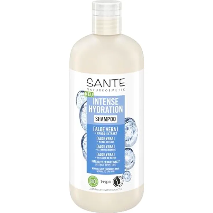 SANTE Naturkosmetik Intense Hydration Shampoo Aloe Vera + Mango-Extrakt, veganes Pflegeshampoo für intensive Feuchtigkeit, stärkt trockenes Haar, 500 ml