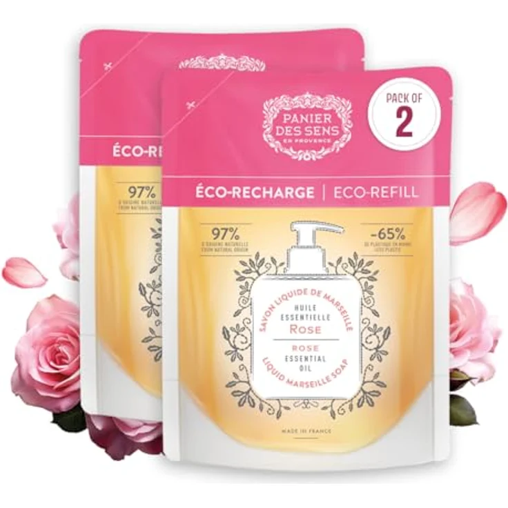 Panier des Sens Marseiller Flüssige Handseife Nachfüller Rosenseife, 97% natürliche Inhaltsstoffe, feuchtigkeitsspendend mit Kokosnussöl, 2x500 ml – Bild 1