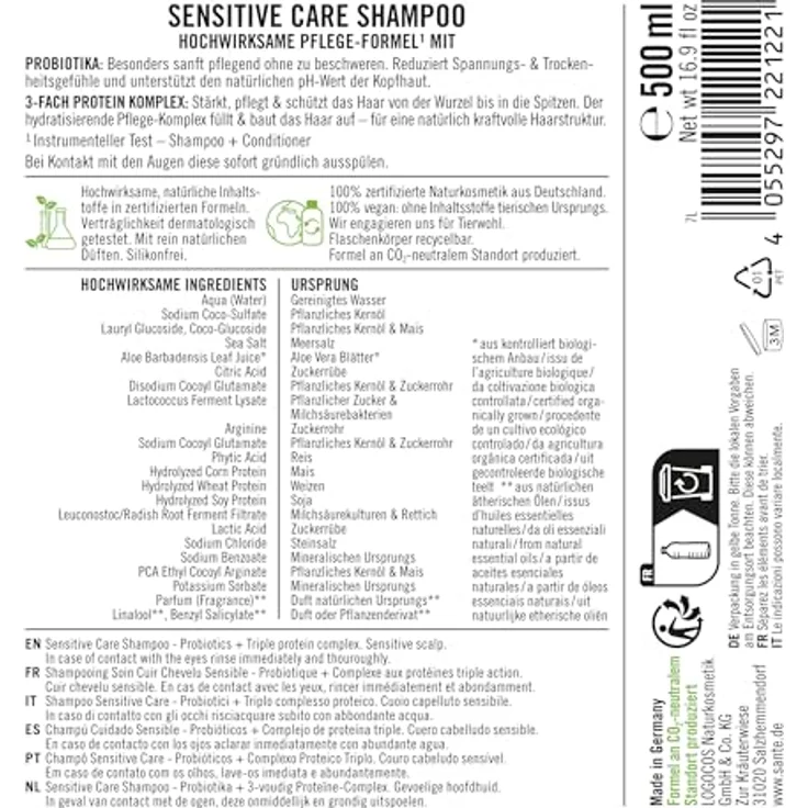 SANTE Naturkosmetik Sensitive Care Shampoo Probiotika + 3-Fach Protein Komplex, veganes Haarshampoo für gestärktes und mit Feuchtigkeit versorgtes Haar, 500 ml – Bild 2